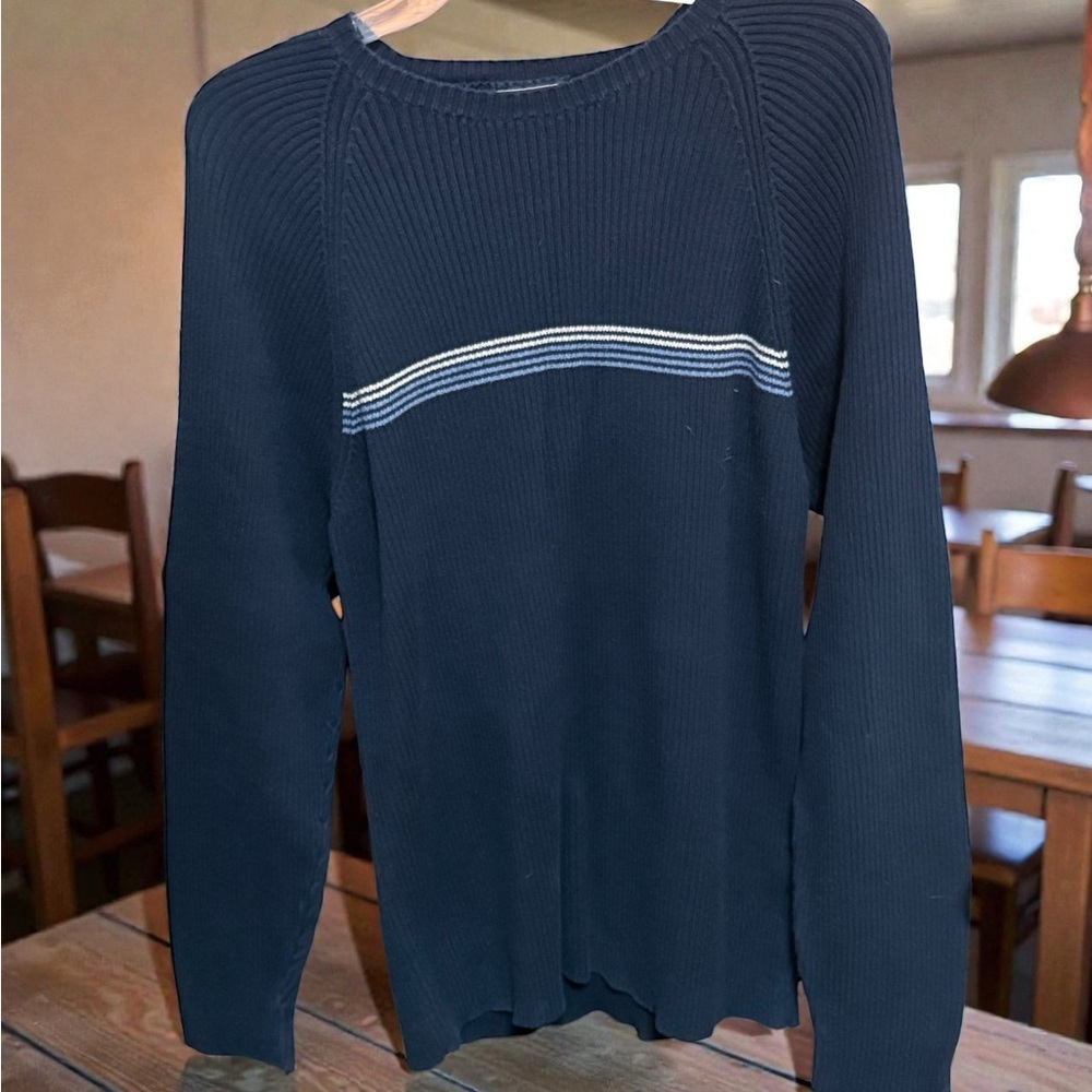Nautica Navy Blue Crewneck Sweater with Colorful Stripe
